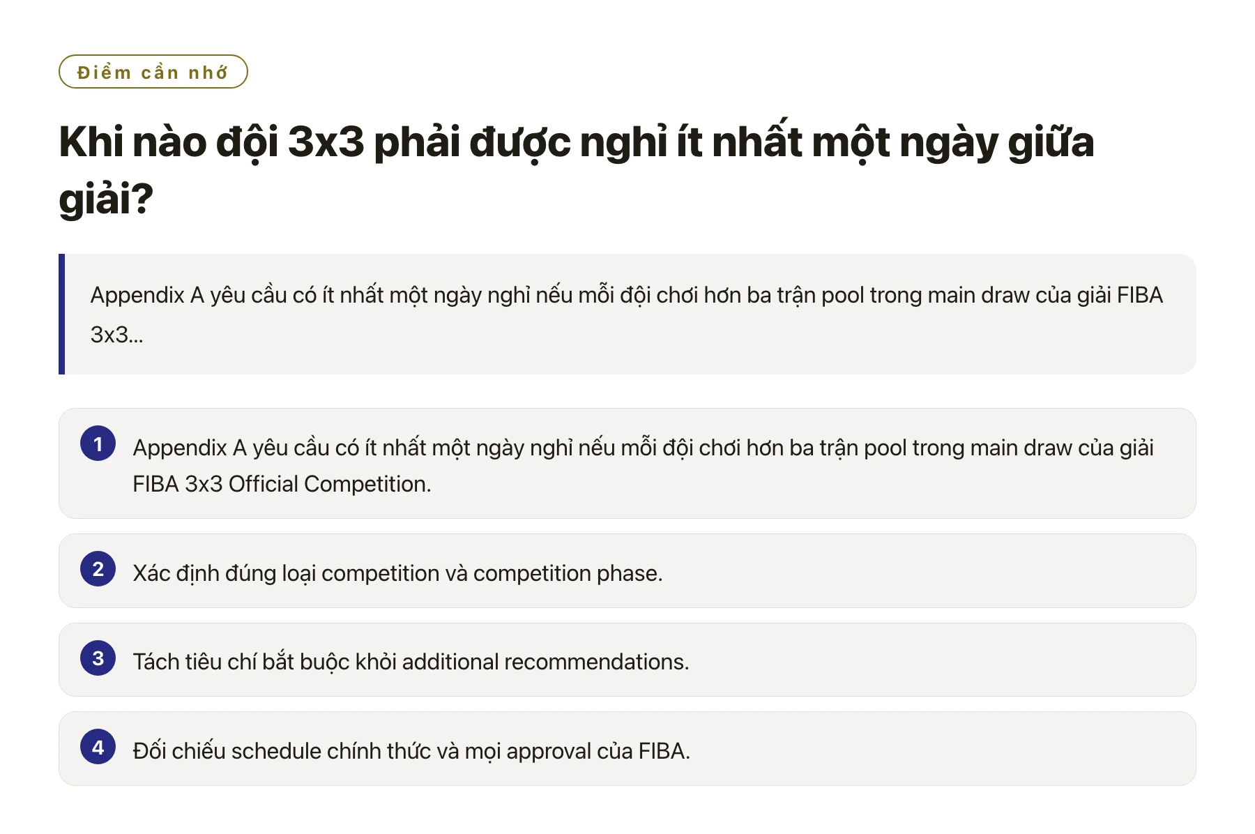 Khi nào đội 3x3 phải được nghỉ ít nhất một ngày giữa giải?——全文要点速览