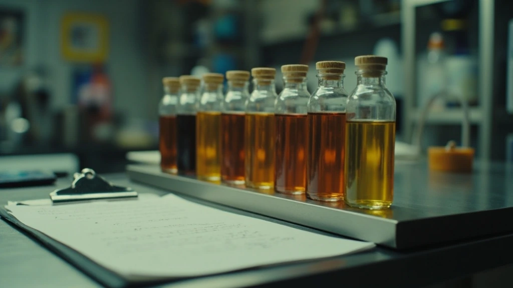 A beverage development laboratory with rows of glass vials containing amber and copper liquids.